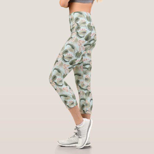 Tropical Garden Floral Orchid  Palm Pattern Capri Leggings