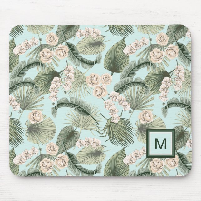 Tropical Garden Floral Orchid & Palm Pattern Mouse Pad (Front)