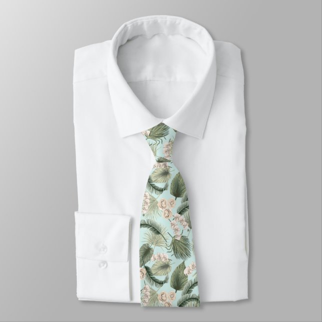 Tropical Garden Floral Orchid & Palm Pattern Neck Tie (Tied)