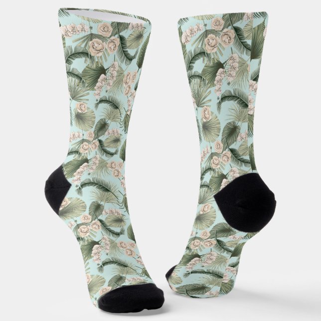 Tropical Garden Floral Orchid & Palm Pattern Socks (Angled)