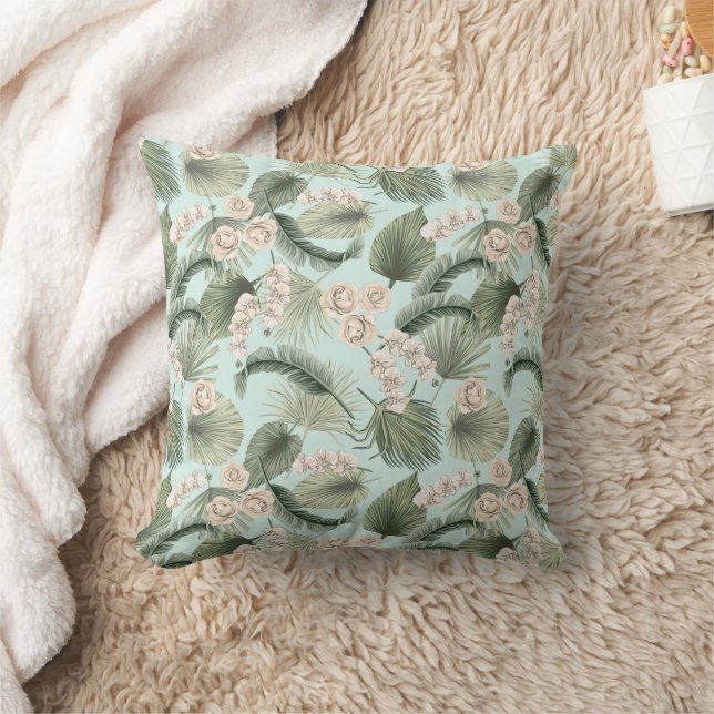 Tropical Garden Floral Orchid & Palm Pattern Throw Pillow (Blanket)