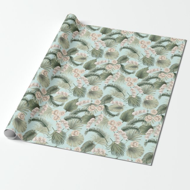Tropical Garden Floral Orchid & Palm Pattern Wrapping Paper (Unrolled)