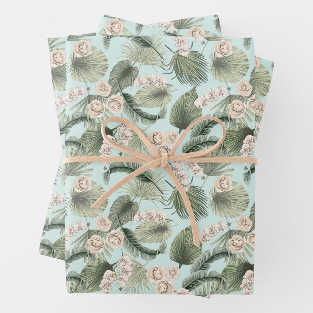Tropical Garden Floral Orchid & Palm Pattern Wrapping Paper Sheets (In situ)