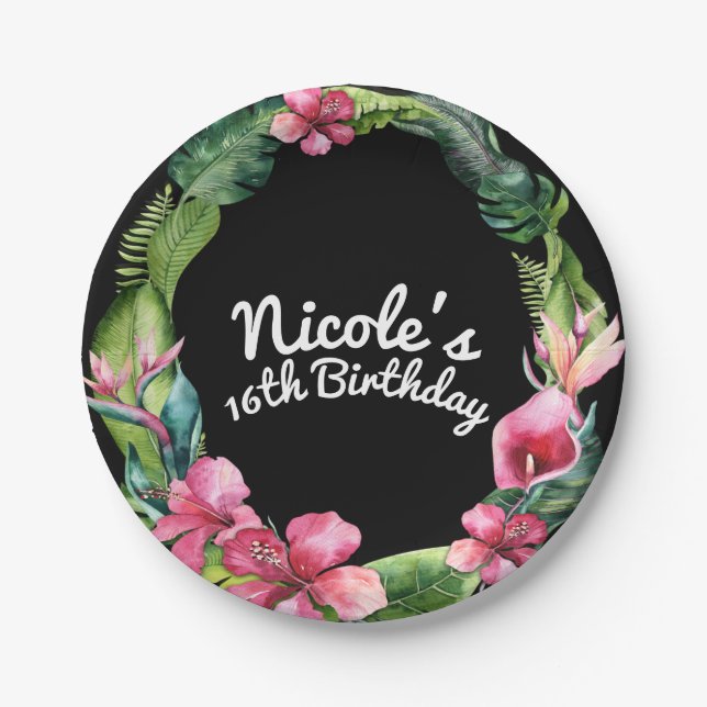 Tropical Garden Flowers & Leaves Chic Luau Party Paper Plates (Front)