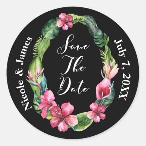 Tropical Garden Flowers  Leaves Save the Date Classic Round Sticker