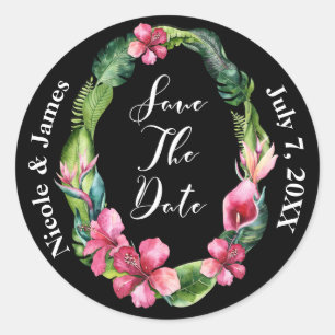 Tropical Garden Flowers & Leaves Save the Date Classic Round Sticker
