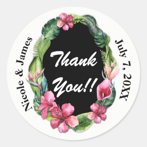 Tropical Garden Flowers  Leaves Wedding Thank You Classic Round Sticker