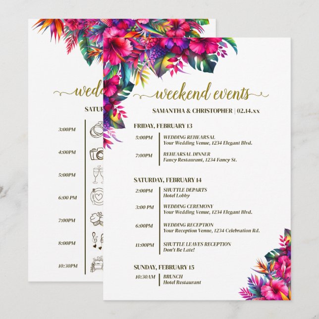 Tropical Garden Flowers Wedding Events & Timeline Program (Front/Back)