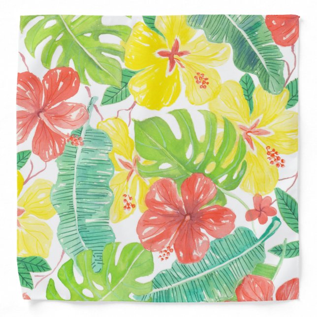 Tropical garden, hibiscus plumeria and palm leaves bandana (Front)