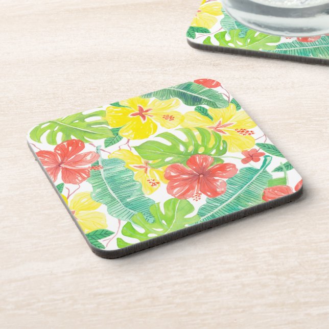 Tropical garden, hibiscus plumeria and palm leaves beverage coaster (Left Side)