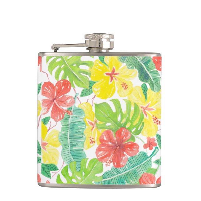 Tropical garden, hibiscus plumeria and palm leaves flask (Front)