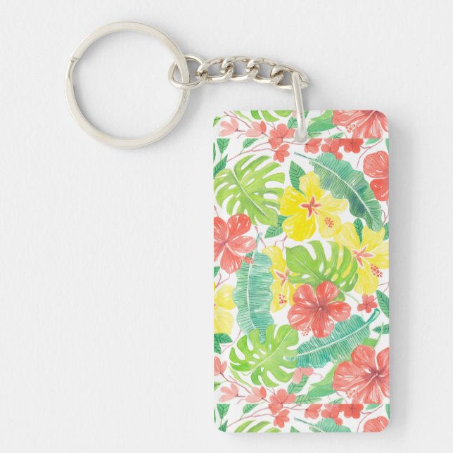 Tropical garden, hibiscus plumeria and palm leaves keychain (Front)