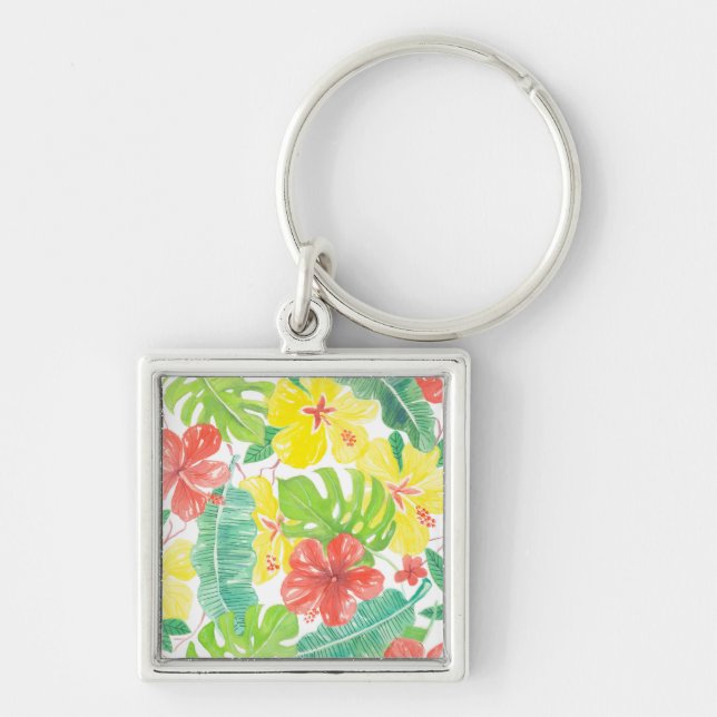 Tropical garden, hibiscus plumeria and palm leaves keychain (Front)