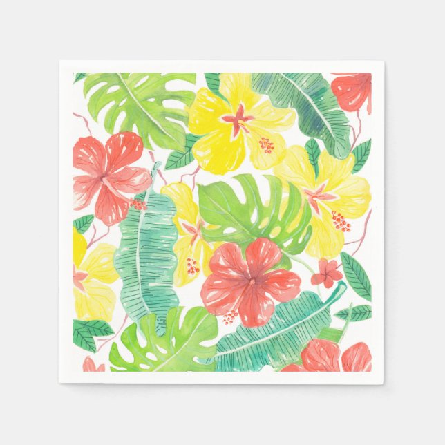 Tropical garden, hibiscus plumeria and palm leaves napkins (Front)