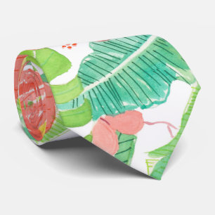 Tropical garden, hibiscus plumeria and palm leaves neck tie