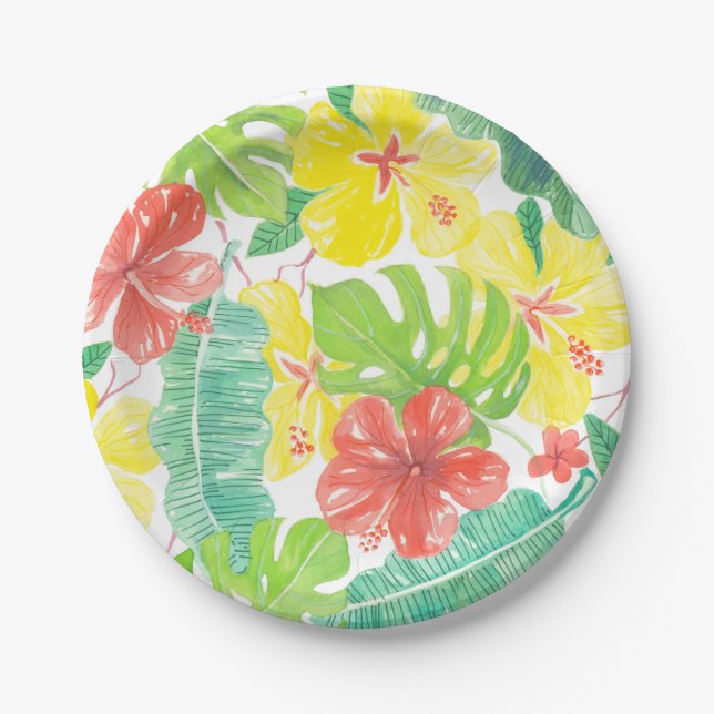 Tropical garden, hibiscus plumeria and palm leaves paper plates (Front)