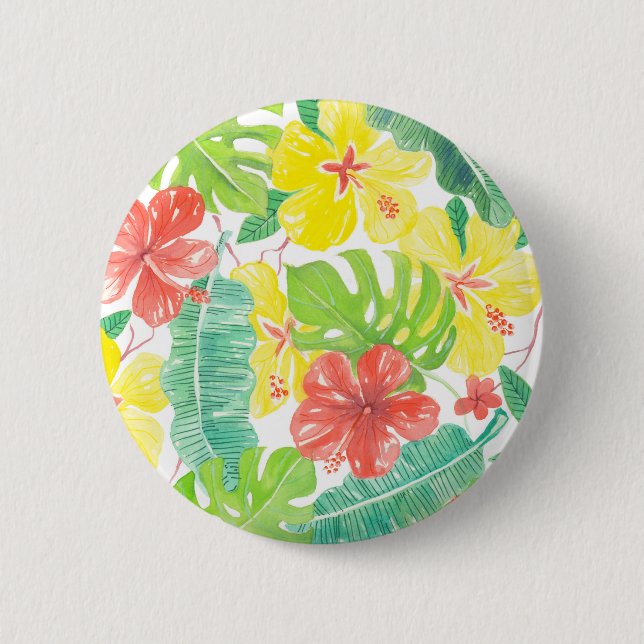 Tropical garden, hibiscus plumeria and palm leaves pinback button (Front)