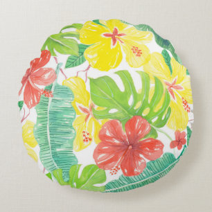 Tropical garden, hibiscus plumeria and palm leaves round pillow