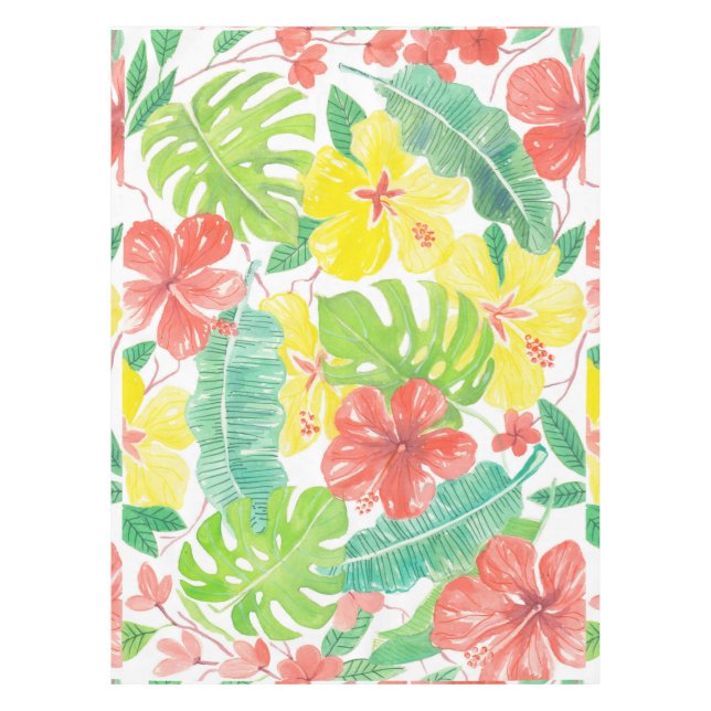 Tropical garden, hibiscus plumeria and palm leaves tablecloth (Front)