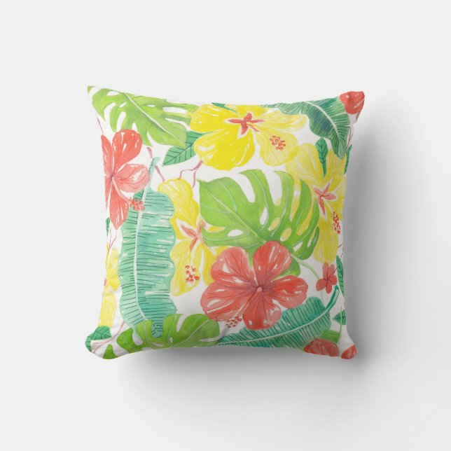 Tropical garden, hibiscus plumeria and palm leaves throw pillow (Front)