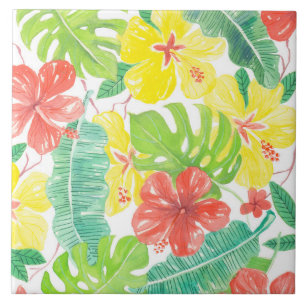 Tropical garden, hibiscus plumeria and palm leaves tile