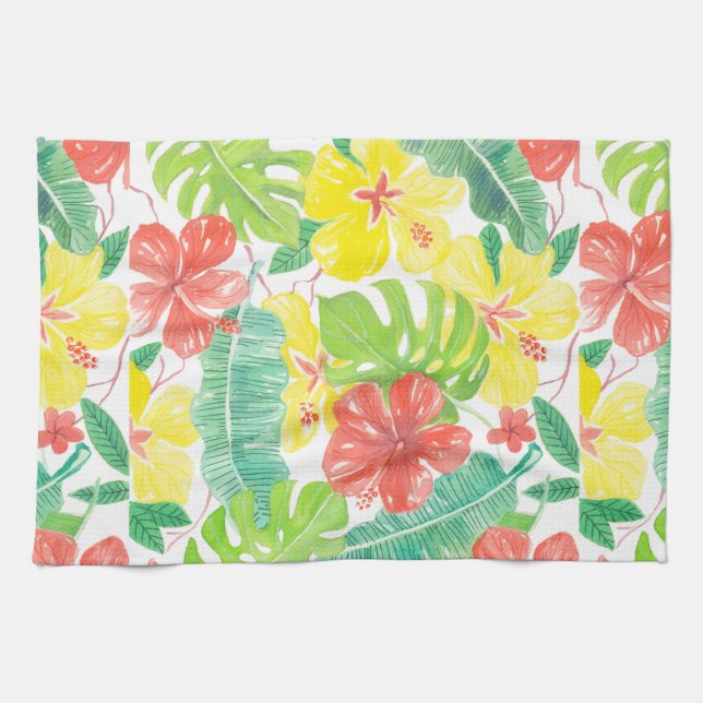 Tropical garden, hibiscus plumeria and palm leaves towel (Horizontal)