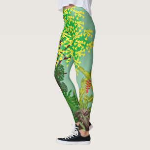 Tropical Garden Landscape Green Yellow Purple Red Leggings