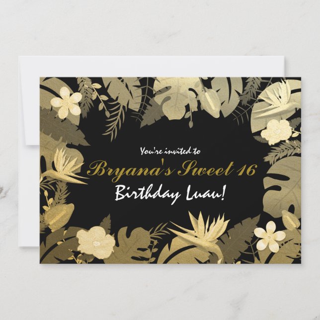 Tropical Garden Leaves Gold & Black Invitations (Front)