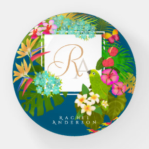 Tropical Garden Monogram Ocean Blue Paperweight