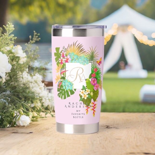 Tropical Garden Monogram Pink Insulated Tumbler (Wedding)