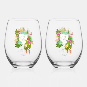 Tropical Garden Monogram  Stemless Wine Glass