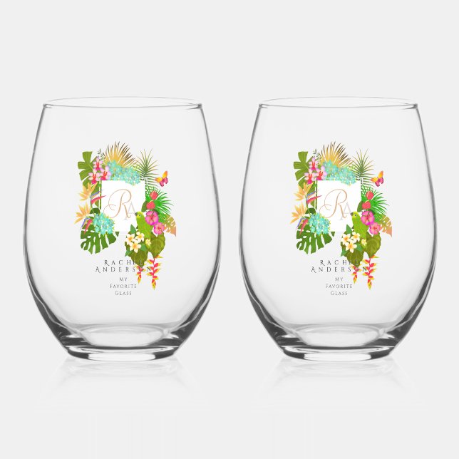 Tropical Garden Monogram  Stemless Wine Glass (Front)