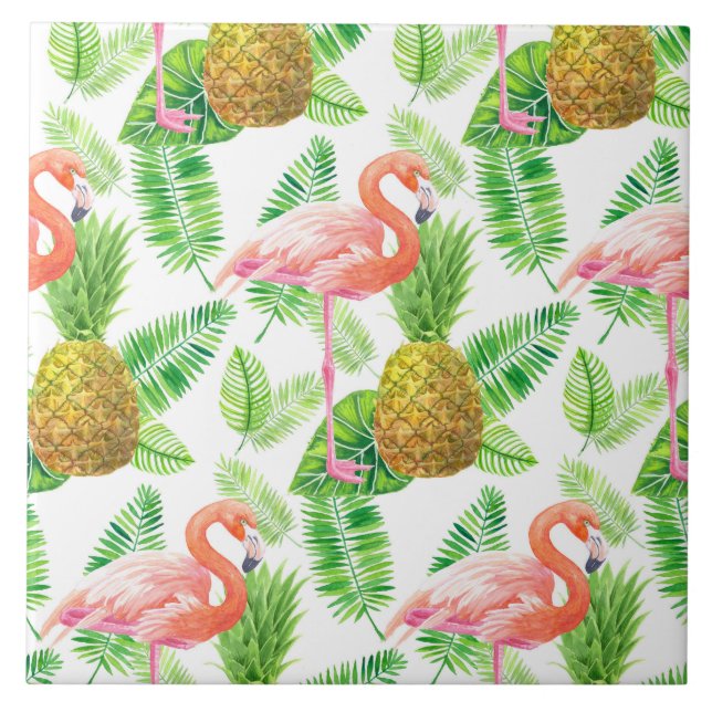 Tropical garden watercolor pattern ceramic tile (Front)