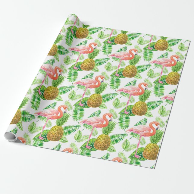 Tropical garden watercolor pattern wrapping paper (Unrolled)