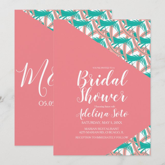 Tropical Geo Palm Coral Feathers Bridal  Shower Invitation (Front/Back)