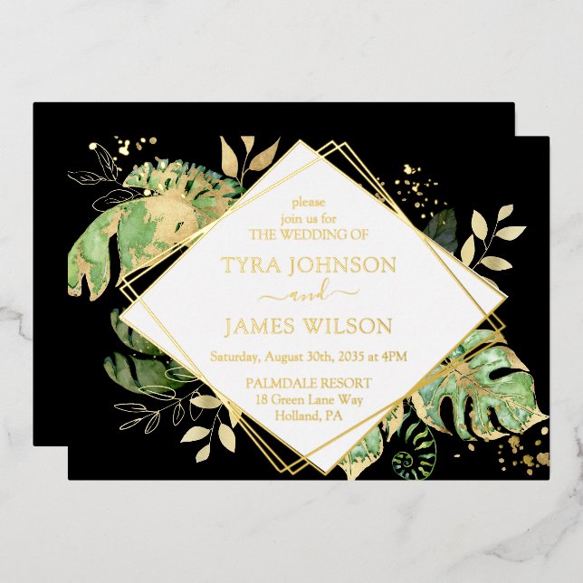 Tropical Geometric Black & Gold Foil Wedding Invitation (Front/Back)