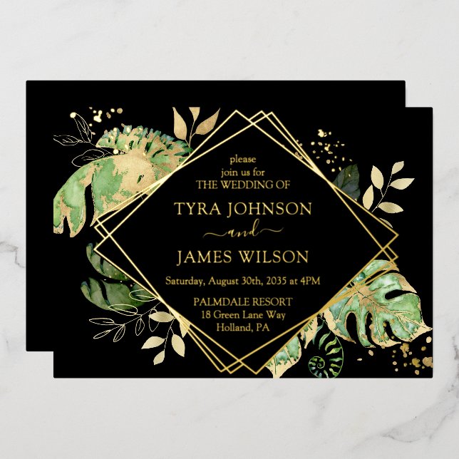 Tropical Geometric Black & Gold Wedding Foil Invitation (Front/Back)