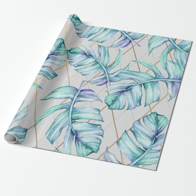 Tropical Geometric Greenery Wrapping Paper (Unrolled)