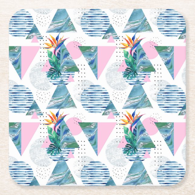 Tropical Geometric Pattern Square Paper Coaster (Front)