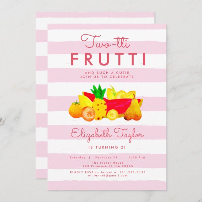 Tropical Girl 2nd Birthday Two Pink Twotti Frutti Invitation (Front/Back)