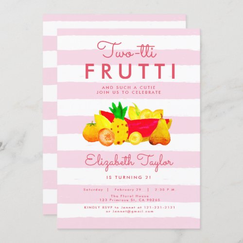 Tropical Girl 2nd Birthday Two Pink Twotti Frutti Invitation