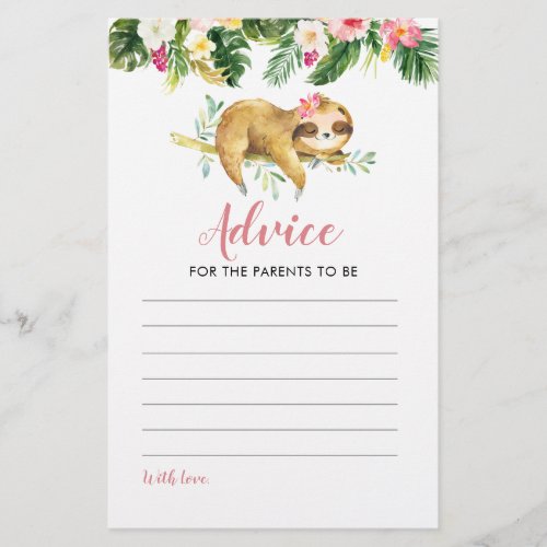 Tropical Girl Sloth Baby Shower Advice for Parents