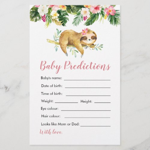 Tropical Girl Sloth Baby Shower Baby Predictions