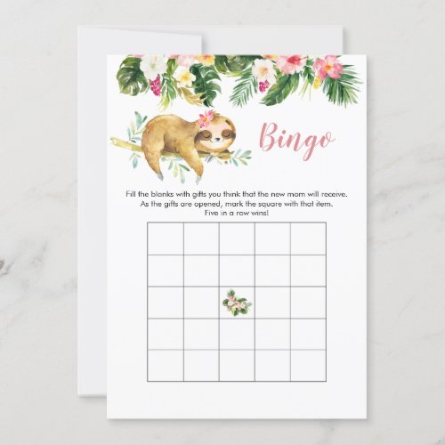 Tropical Girl Sloth Baby Shower Bingo Game Invitation