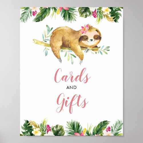 Tropical Girl Sloth Baby Shower Cards and Gifts Poster