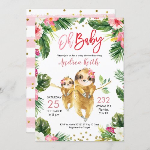 Tropical Girl Sloth Baby Shower Invitation