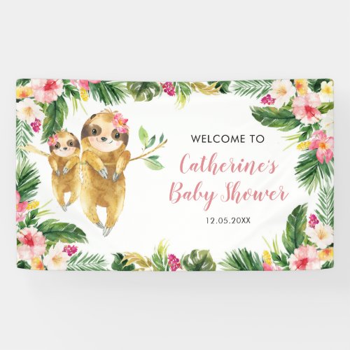 Tropical Girl Sloth Baby Shower Large Banner