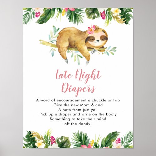 Tropical Girl Sloth Baby Shower Late Night Diaper Poster