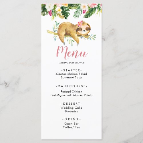 Tropical Girl Sloth Baby Shower Menu Template