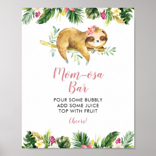 Tropical Girl Sloth Baby Shower Mom_osa Bar Poster